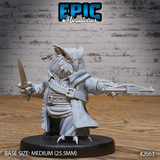 Owlfolk ranger miniature facing forward, crossbow extended in the right hand and dagger raised in the left, wearing a long belted coat over layered feathers, taloned feet on a plain round base. Sculpt by Epic Miniatures.