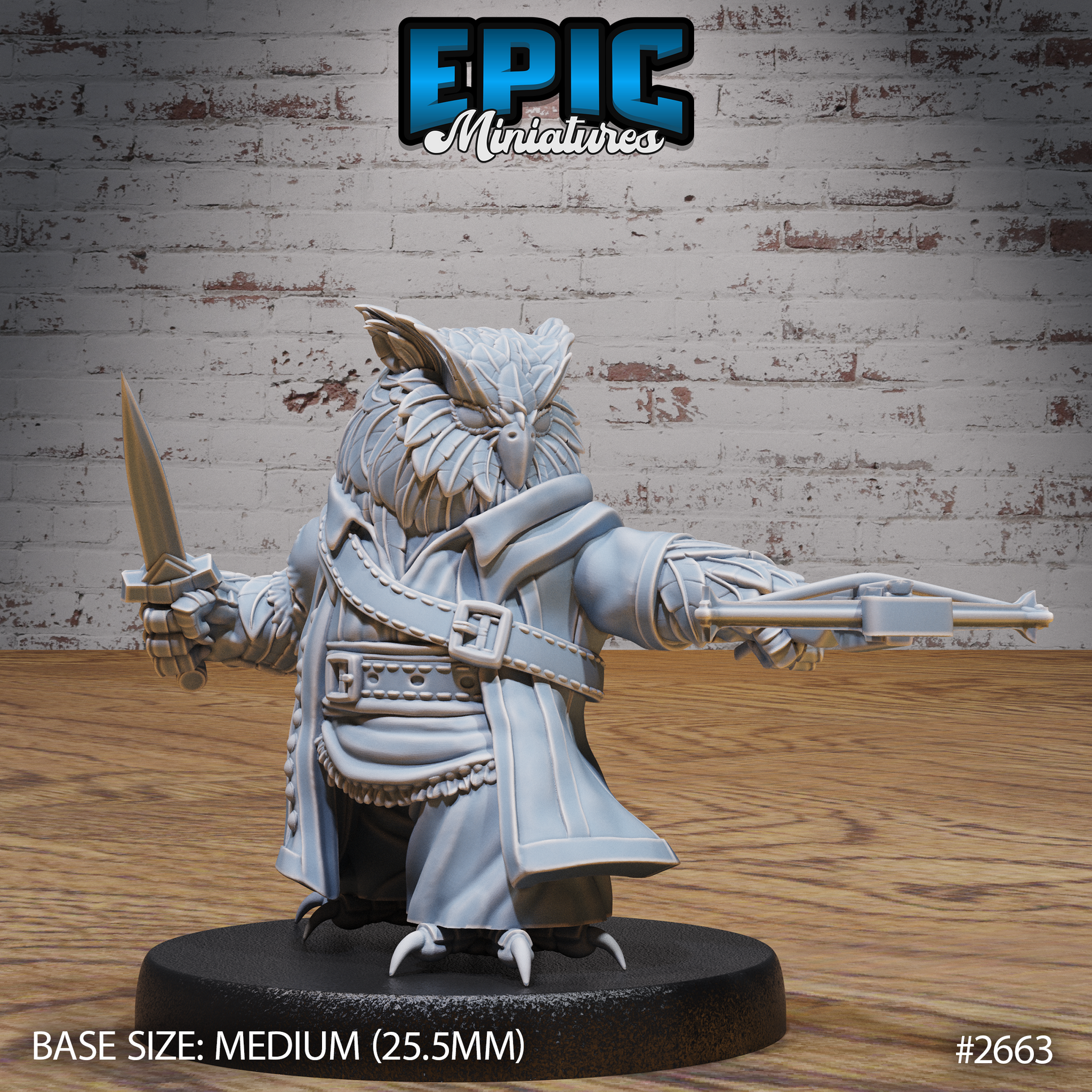 Owlfolk ranger miniature facing forward, crossbow extended in the right hand and dagger raised in the left, wearing a long belted coat over layered feathers, taloned feet on a plain round base. Sculpt by Epic Miniatures.