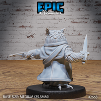 Owlfolk ranger miniature seen from behind, dagger raised in the right hand and crossbow extended left, detailed feather layering across the back of the head and coat collar visible, taloned feet on a plain round base. Sculpt by Epic Miniatures.