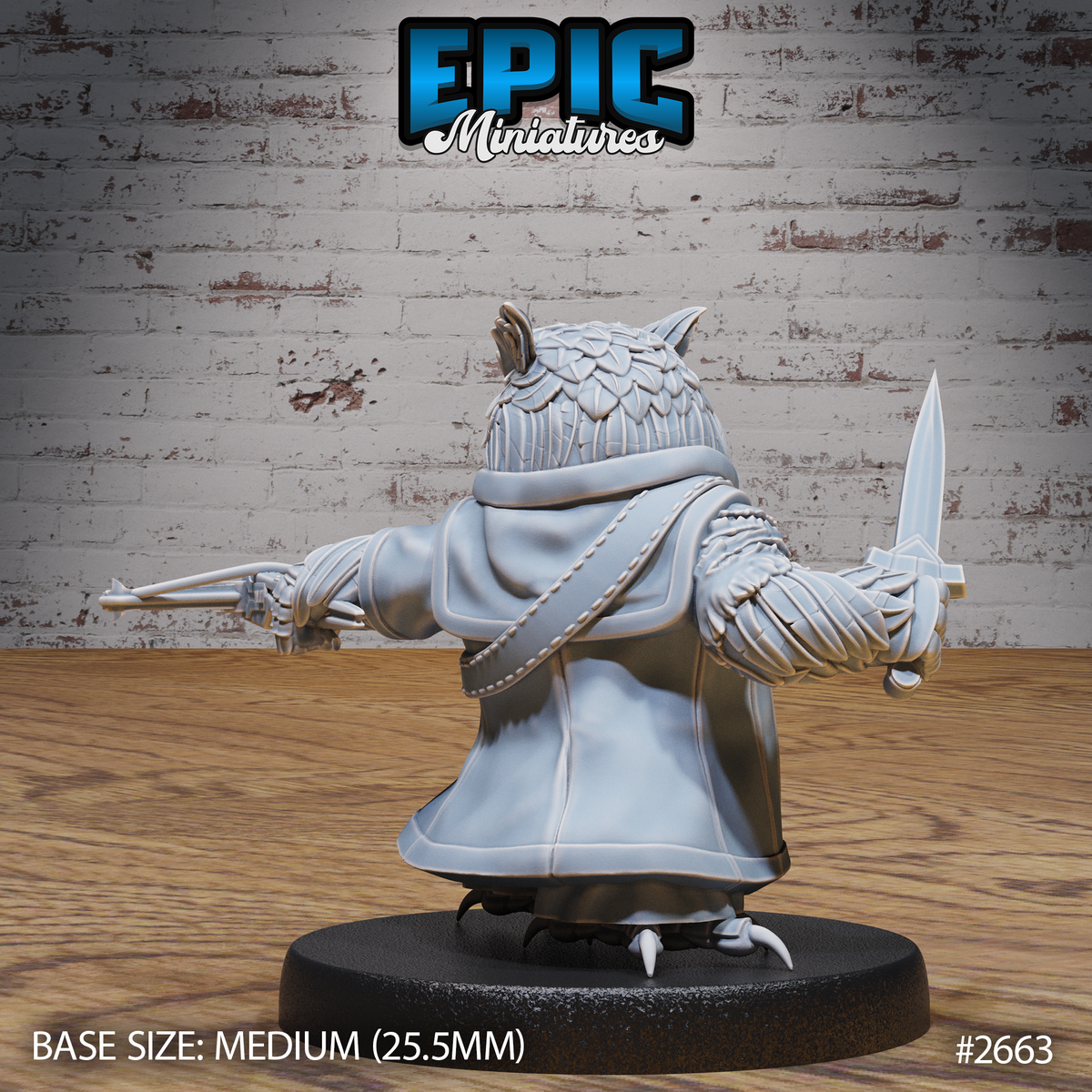 Owlfolk ranger miniature seen from behind, dagger raised in the right hand and crossbow extended left, detailed feather layering across the back of the head and coat collar visible, taloned feet on a plain round base. Sculpt by Epic Miniatures.