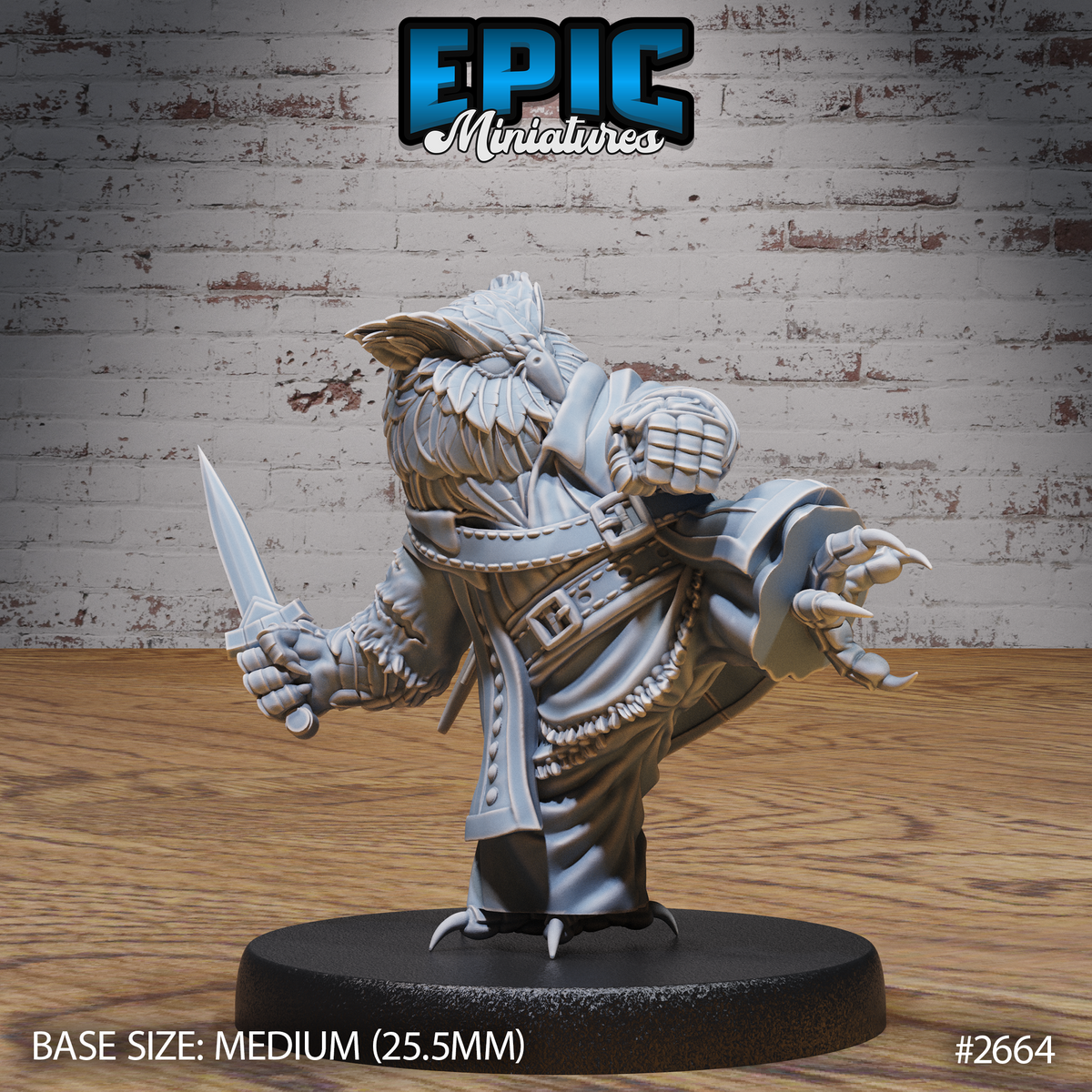 Owlfolk ranger miniature facing forward, dagger raised in one hand, clawed fingers spread on the other arm, wearing layered feathered armour and a belted coat with scale detail. Sculpt by Epic Miniatures.