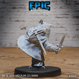 Owlfolk ranger miniature seen from behind, showing a broad belted back, crossed straps, feathered shoulders, and a dagger held low at the side. Clawed feet visible at the base. Sculpt by Epic Miniatures.