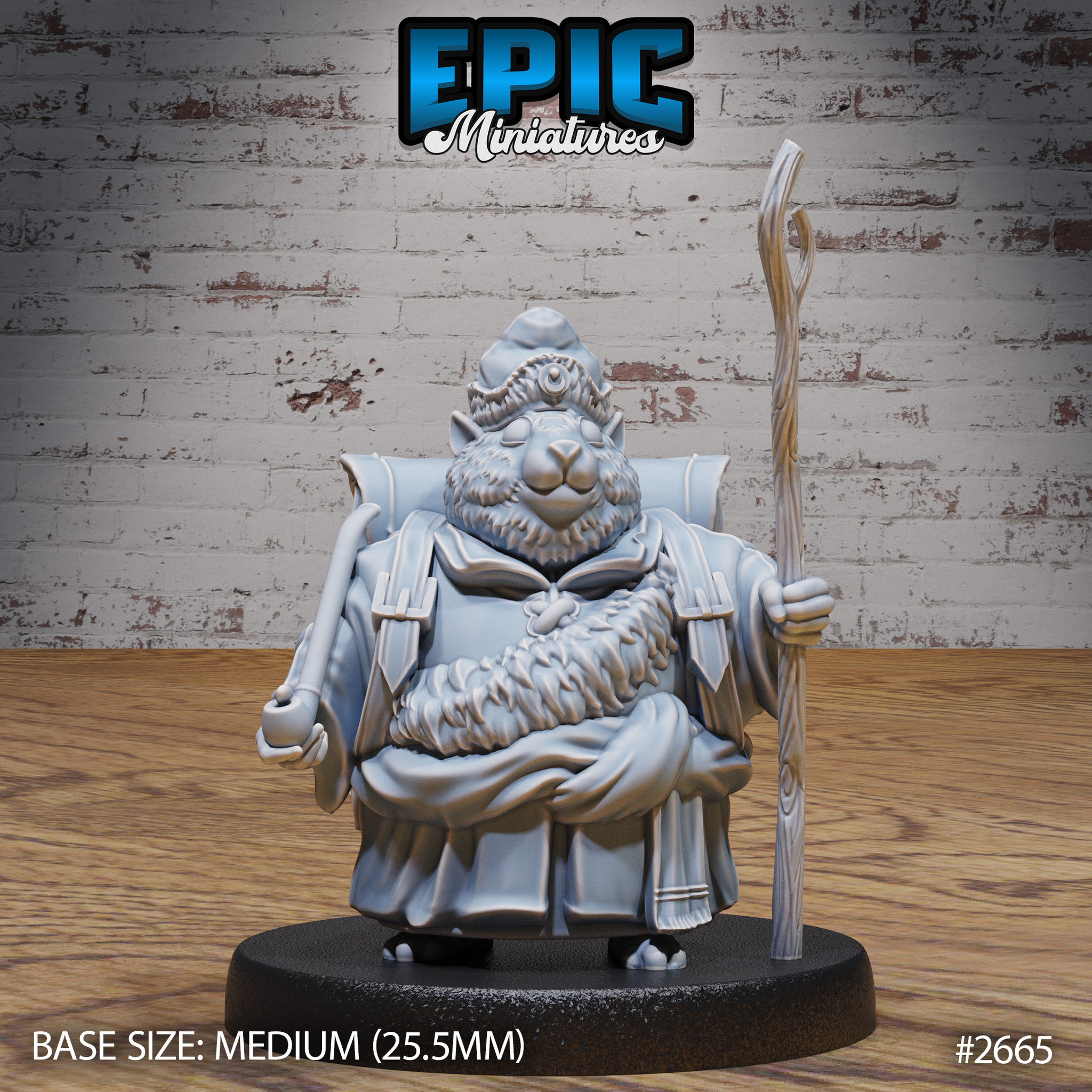 Chubby hamster monk standing upright, holding a tall wooden staff in one hand with the other fist loosely clenched, wearing a flowing robe open at the chest with thick fur visible, round cap on head, heavy-lidded calm expression. Sculpt by Epic Miniatures.
