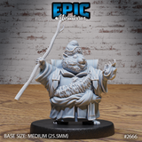 Chubby hamster mage miniature holding a gnarled staff aloft in one hand with the other hand extended, fingers splayed, wearing layered robes and a brimmed cap, with a bushy beard and a wide backpack. Sculpt by Epic Miniatures.