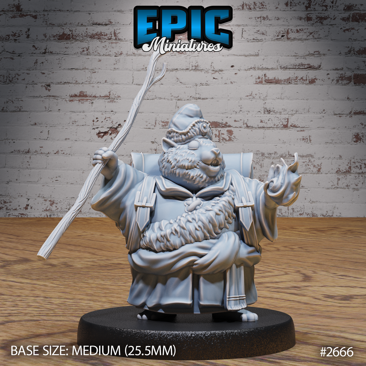 Chubby hamster mage miniature holding a gnarled staff aloft in one hand with the other hand extended, fingers splayed, wearing layered robes and a brimmed cap, with a bushy beard and a wide backpack. Sculpt by Epic Miniatures.