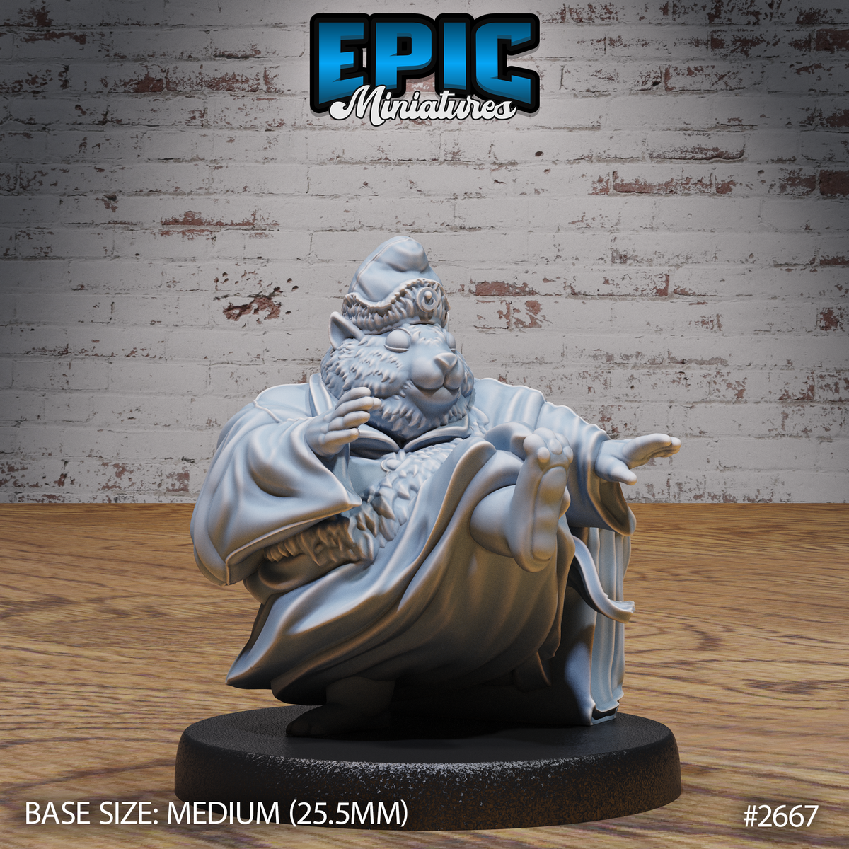 Portly hamster monk in billowing robes, one paw raised to chin in contemplation, the other extended outward, wearing a small rounded cap. Sculpt by Epic Miniatures.