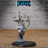 Halfling ranger miniature drawing a composite longbow, knee raised on a rocky base, wearing a belted travel coat with quiver strapped to back. Sculpt by Epic Miniatures.