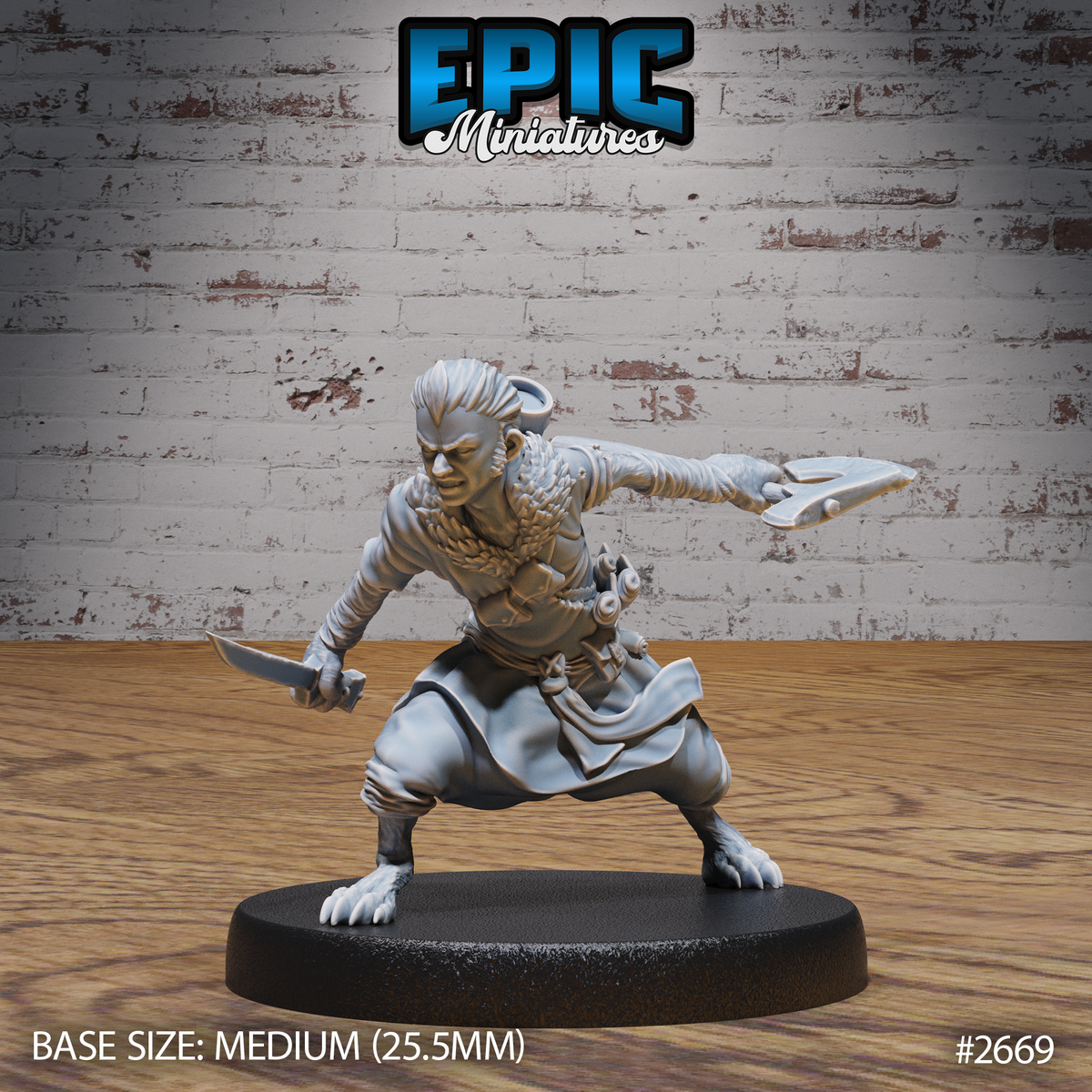 Halfling skin changer in a wide combat crouch, snarling expression, dagger in one hand and forked blade weapon extended forward, wearing a fur collar and wrapped forearms. Sculpt by Epic Miniatures.
