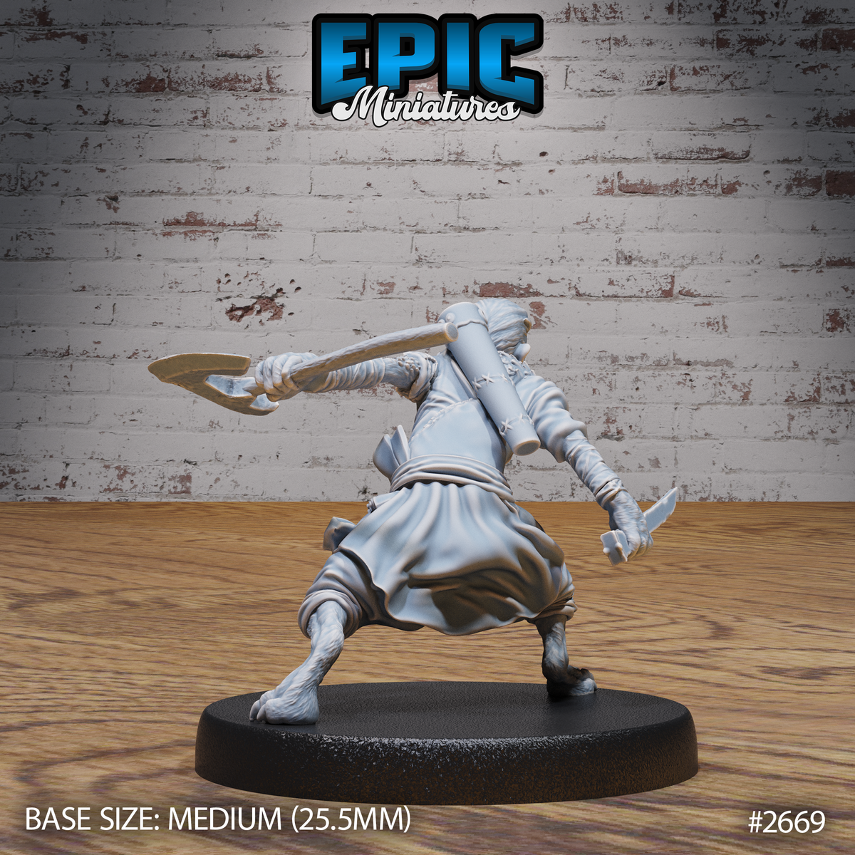 Halfling skin changer seen from behind, forked blade weapon thrust outward, dagger in trailing hand, clawed feet planted in fighting stance, layered fur cloak and packed belt visible. Sculpt by Epic Miniatures.