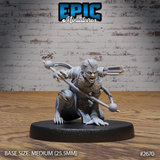 Snarling halfling skin changer crouched low, lunging forward with clawed hands, gripping a weighted quarterstaff horizontally, fur collar, quiver of arrows at back. Sculpt by Epic Miniatures.