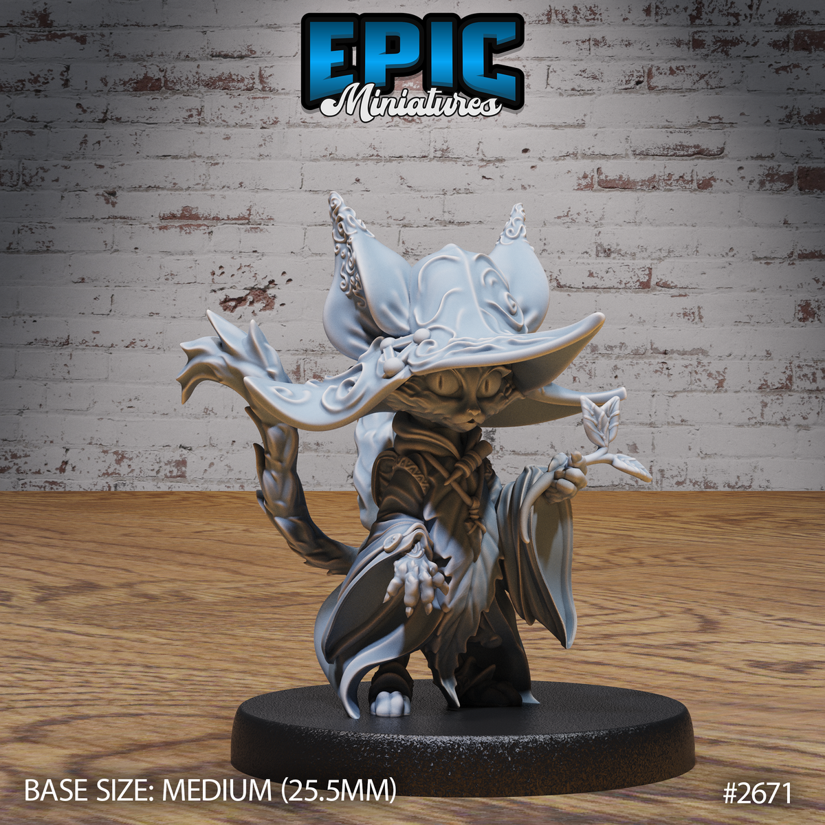 Small cat-folk druid facing forward, wearing a wide-brimmed hat with curving rune-etched horns, raising a leaf wand in one hand and spreading clawed fingers with the other, robed in layered fabric. Sculpt by Epic Miniatures.