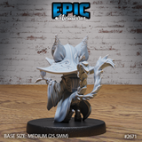 Cat-folk druid seen from behind, wide-brimmed horned hat dominant, gnarled branch-staff held low in one clawed hand, layered robes and braided details visible across the back. Sculpt by Epic Miniatures.