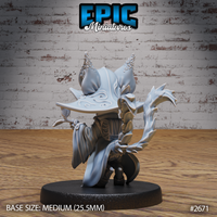 Cat-folk druid seen from behind, wide-brimmed horned hat dominant, gnarled branch-staff held low in one clawed hand, layered robes and braided details visible across the back. Sculpt by Epic Miniatures.