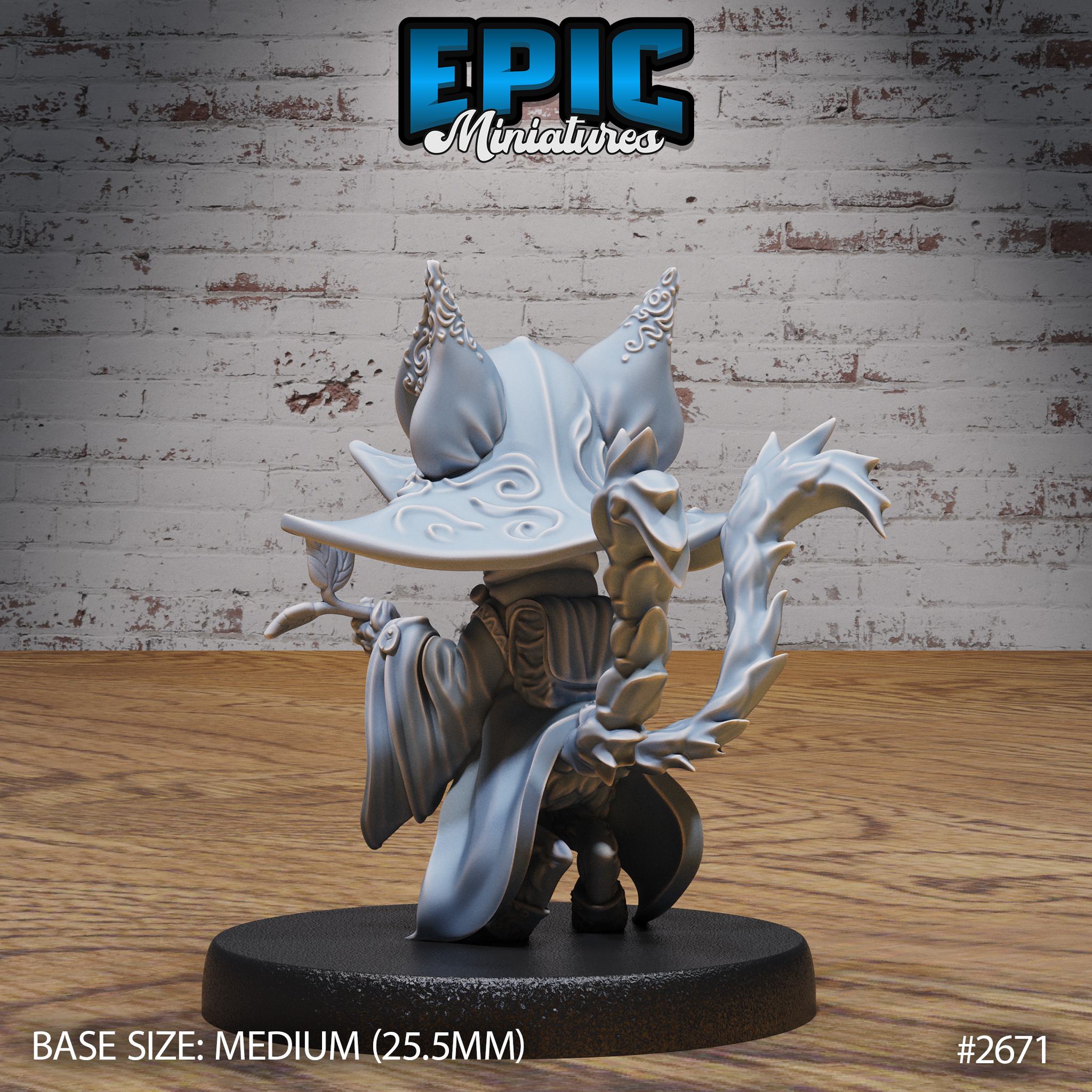 Cat-folk druid seen from behind, wide-brimmed horned hat dominant, gnarled branch-staff held low in one clawed hand, layered robes and braided details visible across the back. Sculpt by Epic Miniatures.