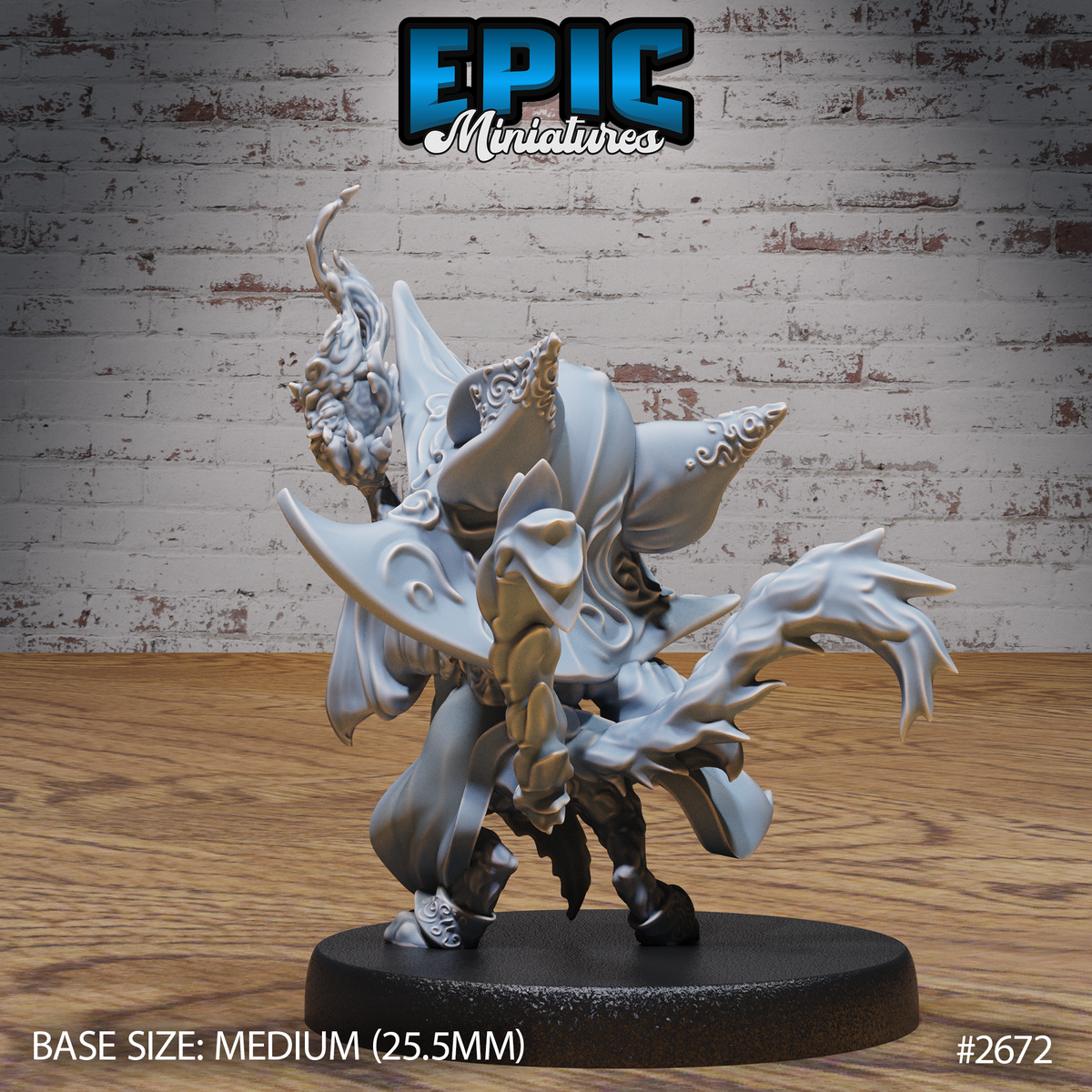 Cat folk druid seen from behind, showing dramatic billowing cloak, scroll-worked hat brim, and a staff wreathed in wild flame held aloft, clawed fingers outstretched at the side. Sculpt by Epic Miniatures.