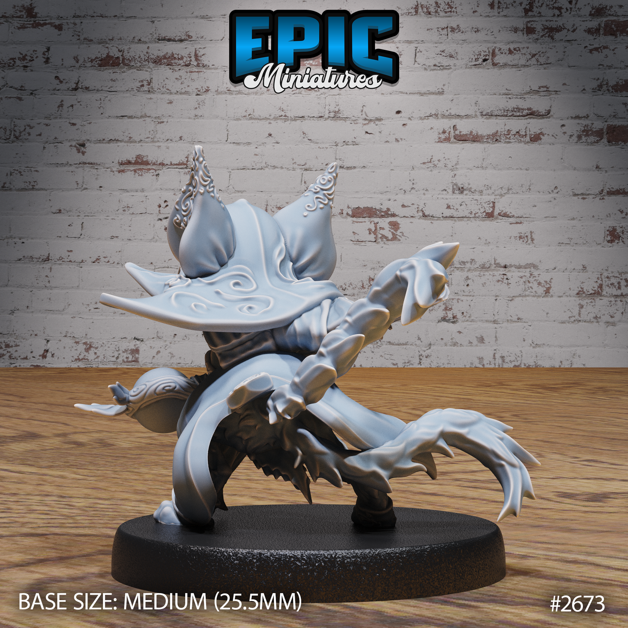 Cat folk druid miniature seen from behind, showing sweeping tail, taloned feet, textured rear robes, and filigree horned hat. Sculpt by Epic Miniatures.