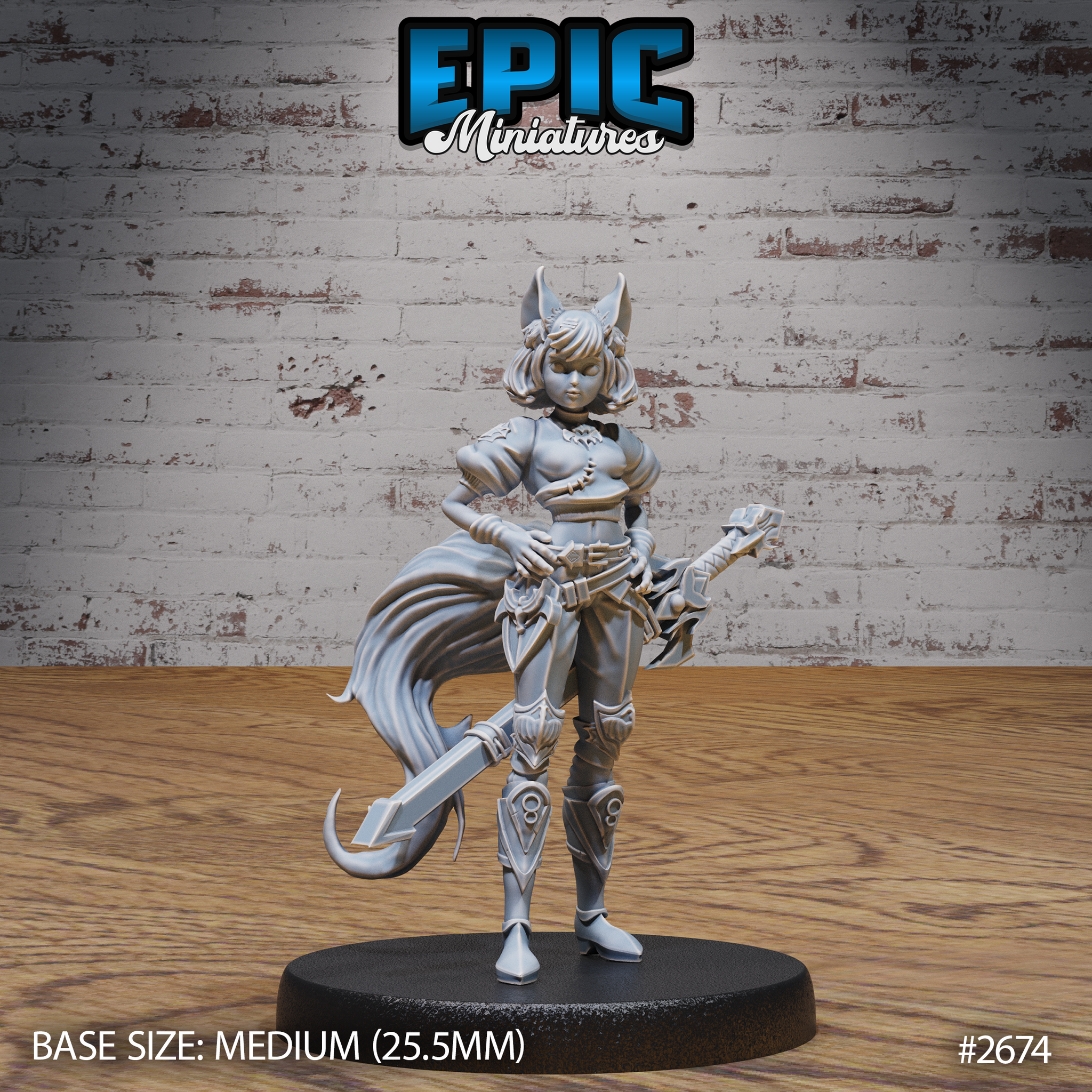 Foxfolk female warrior standing upright, gripping a rune-etched crossbow at her side, a barbed anchor sword at her feet. Plate armour with circular knee runes, billowing cape, large pointed fox ears. Sculpt by Epic Miniatures.