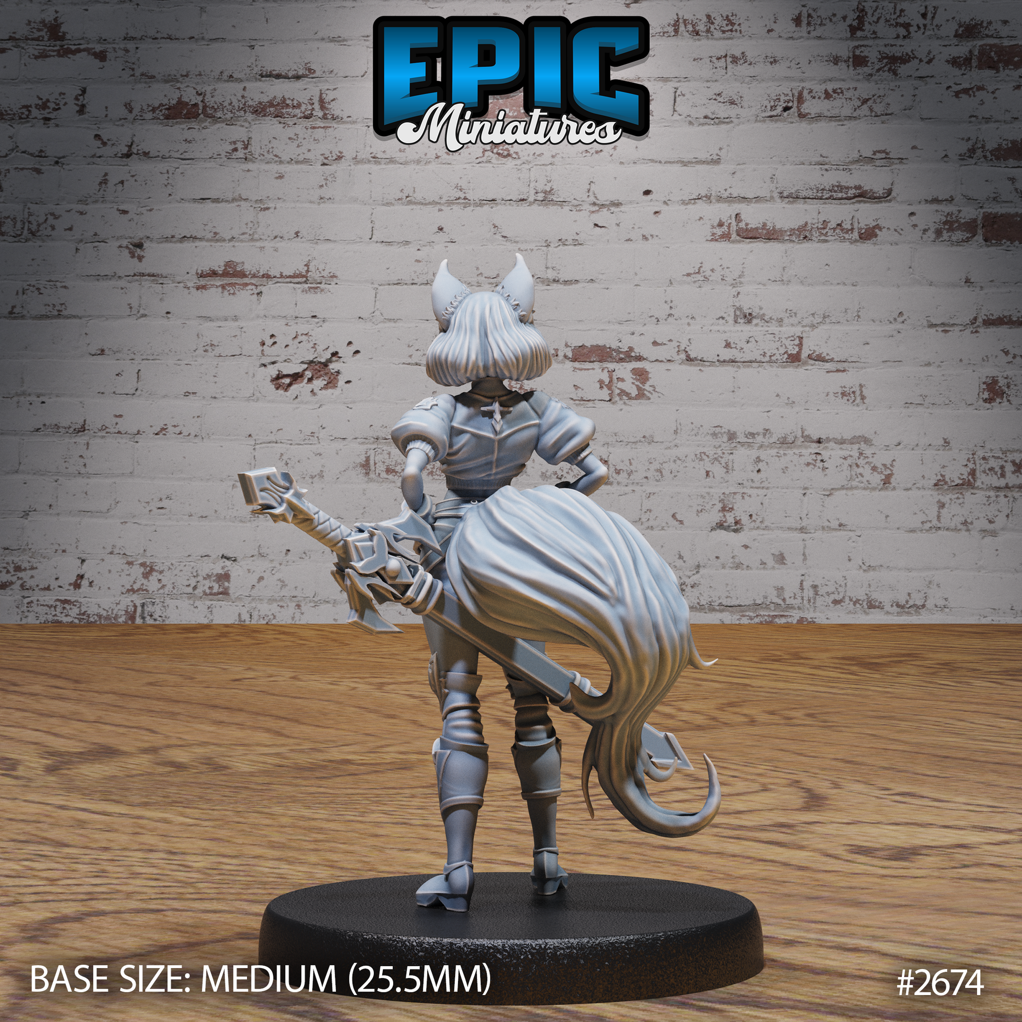 Foxfolk female warrior seen from behind, showing a long flowing tail, swept-back cape, and rune-detailed crossbow held low. Short wavy hair beneath two large alert ears, armoured legs with engraved kneecaps. Sculpt by Epic Miniatures.
