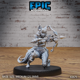 Foxfolk female archer in a low crouched stance drawing an ornate recurve bow, wearing layered leather armour with a billowing cape. Quiver and short blade on her back. Sculpt by Epic Miniatures.