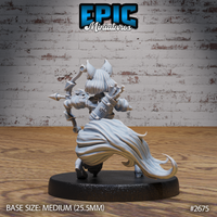 Foxfolk female archer seen from behind, cape flowing outward, recurve bow raised, quiver and blade visible across armoured back. Sharp fennec ears rise from her head. Sculpt by Epic Miniatures.