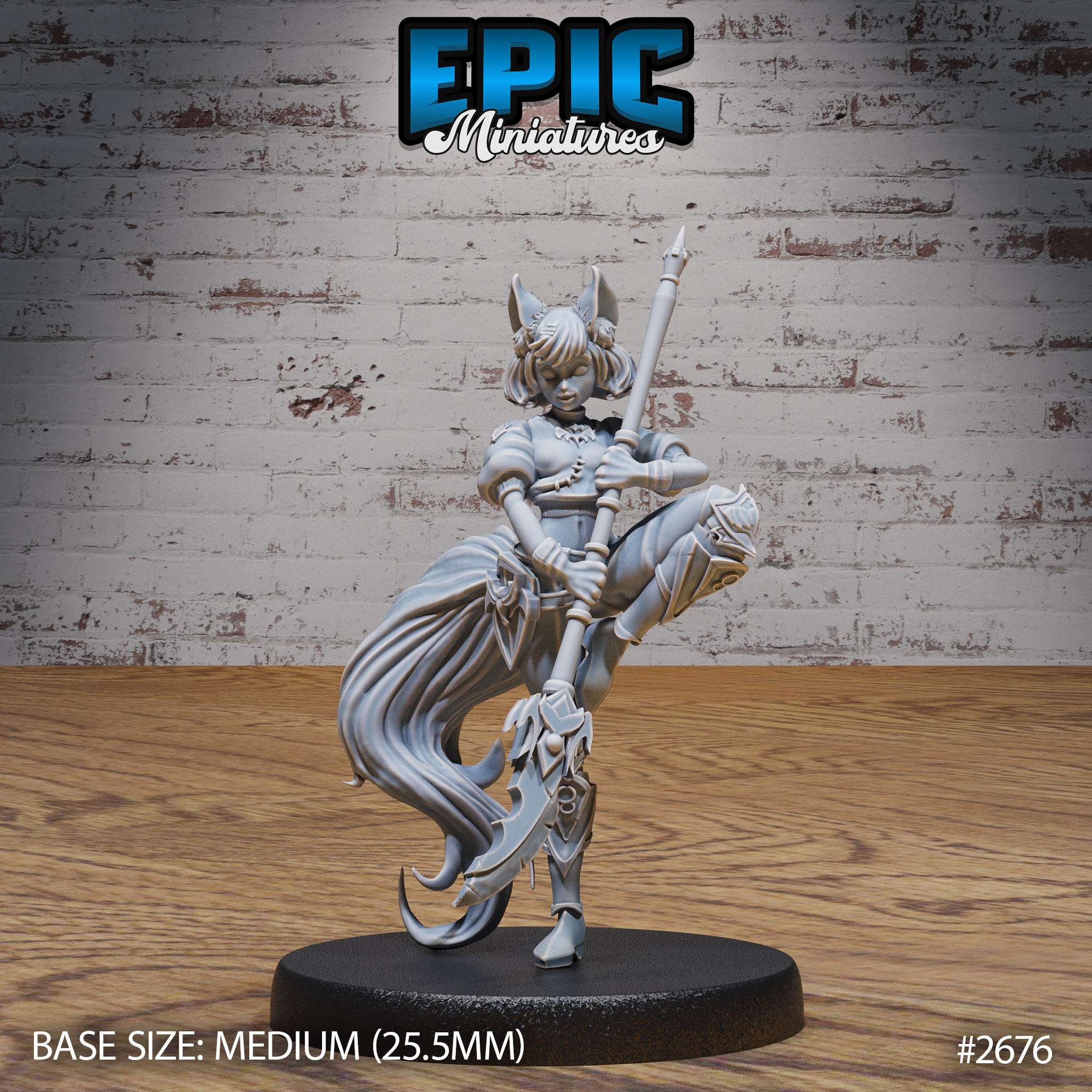 Fennec-eared female warrior holding a tall spear raised skyward, wearing fitted armour with pauldrons and greaves, with a large flowing tail sweeping behind her. Sculpt by Epic Miniatures.