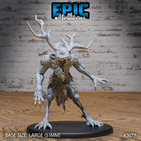 Gaunt antlered wendigo miniature crouched in a wide predatory stance, arms spread with long clawed hands reaching forward, jaw agape with jagged teeth, single eye visible, tattered hide loincloth, branching antlers, scale-textured chest. Sculpt by Epic Miniatures.