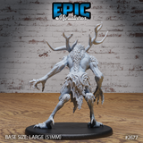 Wendigo miniature seen from behind showing broad scale-textured back, layered ragged hide loincloth, long outstretched clawed arms, wide branching antlers fanning above the head, and digitigrade legs ending in talon-tipped feet. Sculpt by Epic Miniatures.