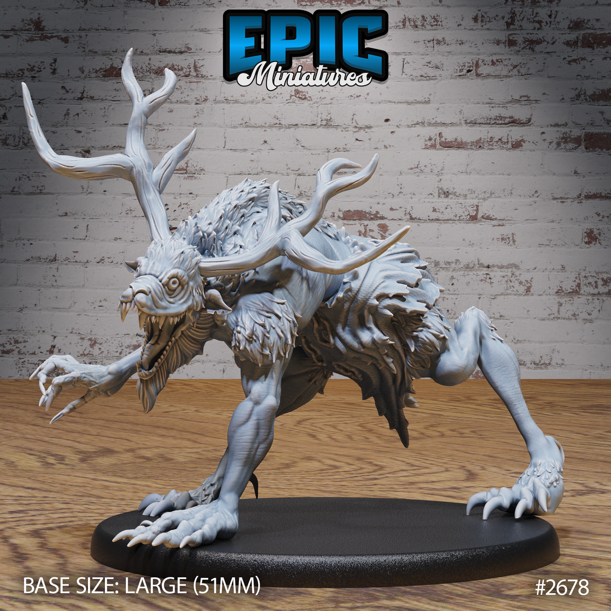 Wendigo miniature by Epic Miniatures in a forward-lunging crouch, long branching antlers, ragged fur, open fanged jaw with skeletal throat visible, splayed taloned claws, on a large oval base.