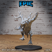 Wendigo miniature by Epic Miniatures, leaping forward with one clawed arm outstretched and jaws wide open, branching antlers rising from the skull, matted fur across the torso, mounted on a large 51mm round base.