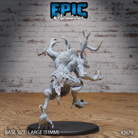 Wendigo miniature by Epic Miniatures seen from behind and to the side, showing heavily textured fur across the back and haunches, one taloned foot raised mid-leap, antlers curving upward, claws splayed on the raised arm.