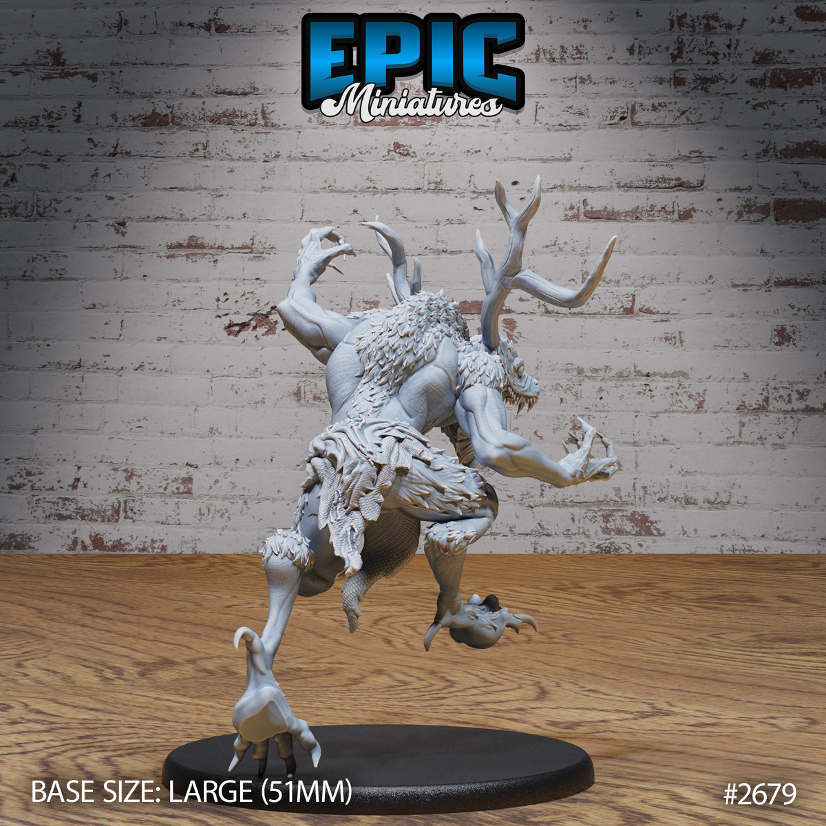 Wendigo miniature by Epic Miniatures seen from behind and to the side, showing heavily textured fur across the back and haunches, one taloned foot raised mid-leap, antlers curving upward, claws splayed on the raised arm.
