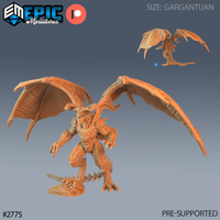 Terror Dragon by Epic Miniatures — digital render showing the full wingspan from a raised angle with a scale reference die, revealing the complete silhouette: horned skull head, armoured torso, and spiked tail.