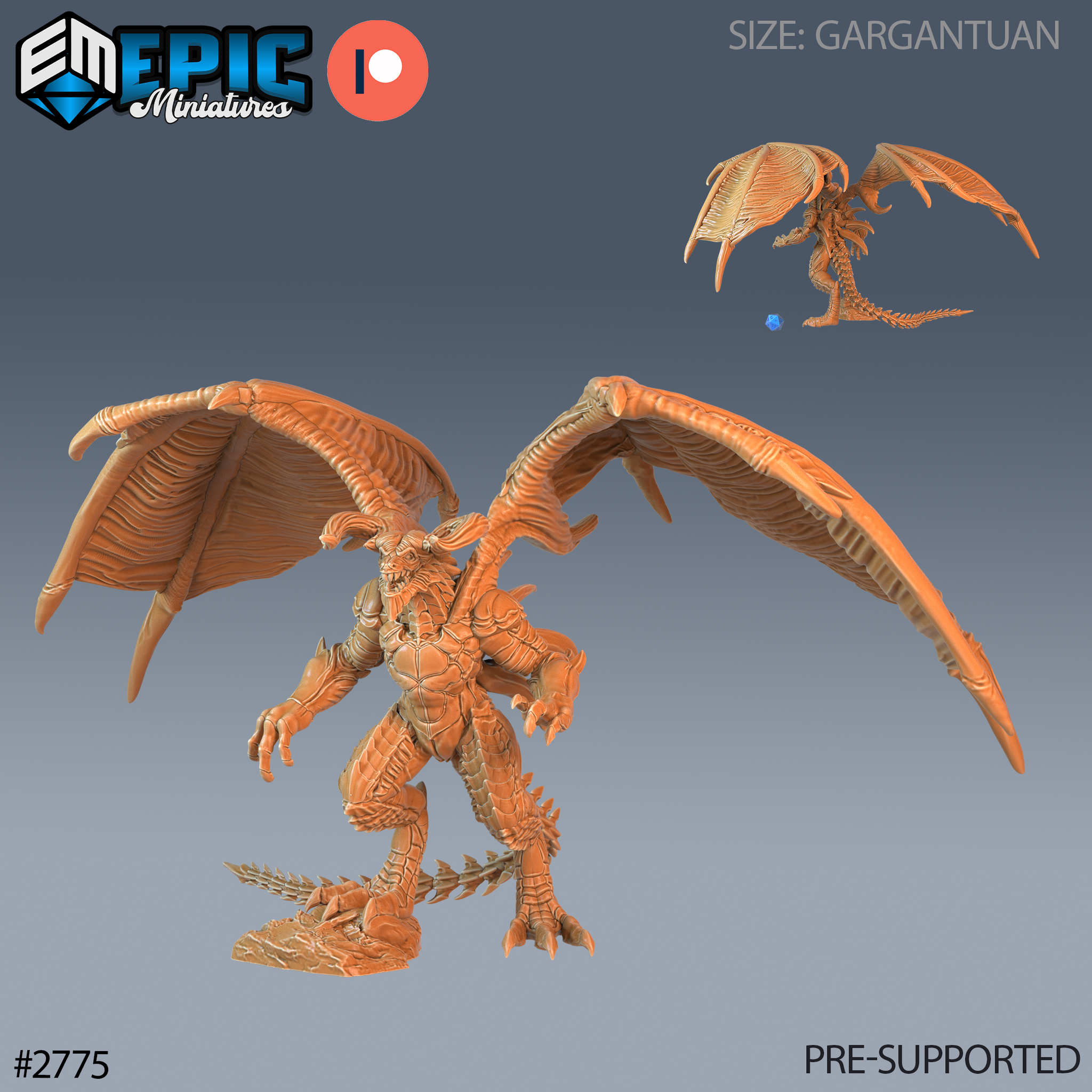 Terror Dragon by Epic Miniatures — digital render showing the full wingspan from a raised angle with a scale reference die, revealing the complete silhouette: horned skull head, armoured torso, and spiked tail.