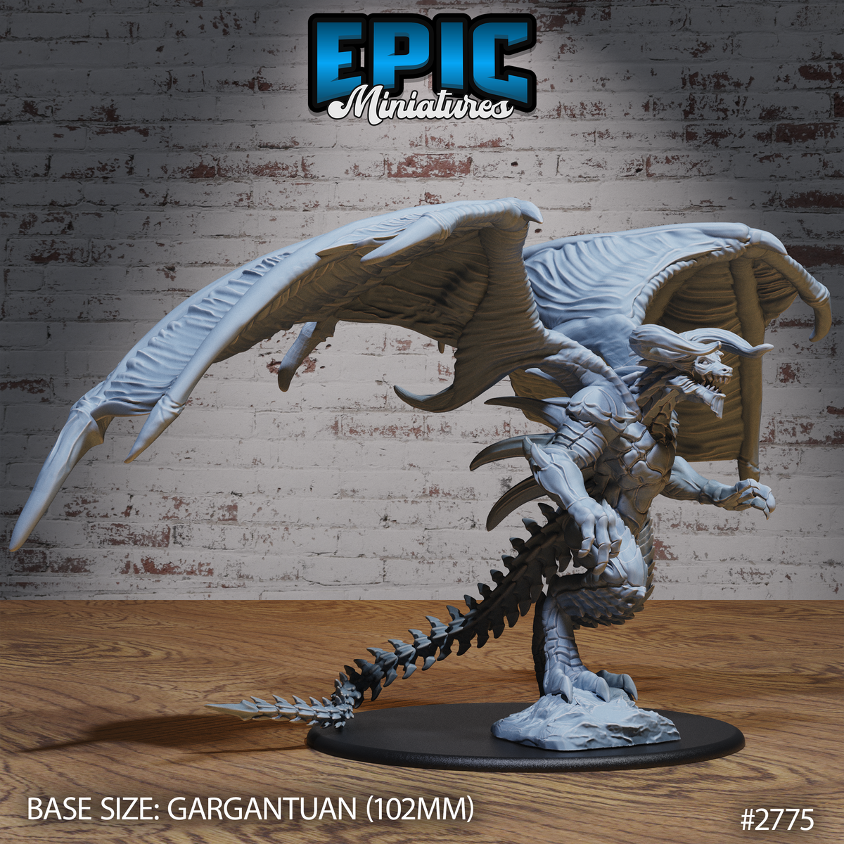 Terror Dragon by Epic Miniatures — winged dragon rearing upright, skull-like horned head angled downward, wings spread wide with ribbed membranes, serrated spike-ridged tail, on a rocky scenic base.