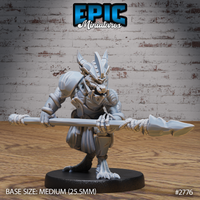 Kobold warrior in a low crouching stance, holding a long spear horizontally with both clawed hands, wearing layered armour with horned helmet and open snarling jaw. Sculpt by Epic Miniatures.