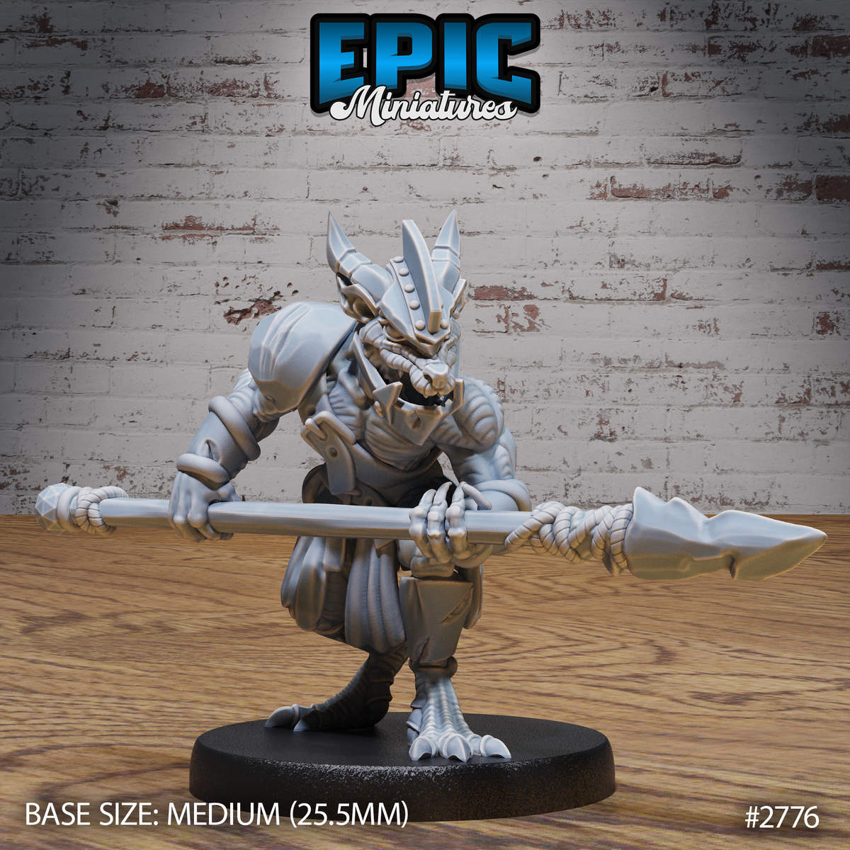 Kobold warrior in a low crouching stance, holding a long spear horizontally with both clawed hands, wearing layered armour with horned helmet and open snarling jaw. Sculpt by Epic Miniatures.