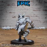 Kobold warrior viewed from behind, crouched low with spear extended to each side, showing layered back armour, scaled tail, and clawed feet on a plain round base. Sculpt by Epic Miniatures.
