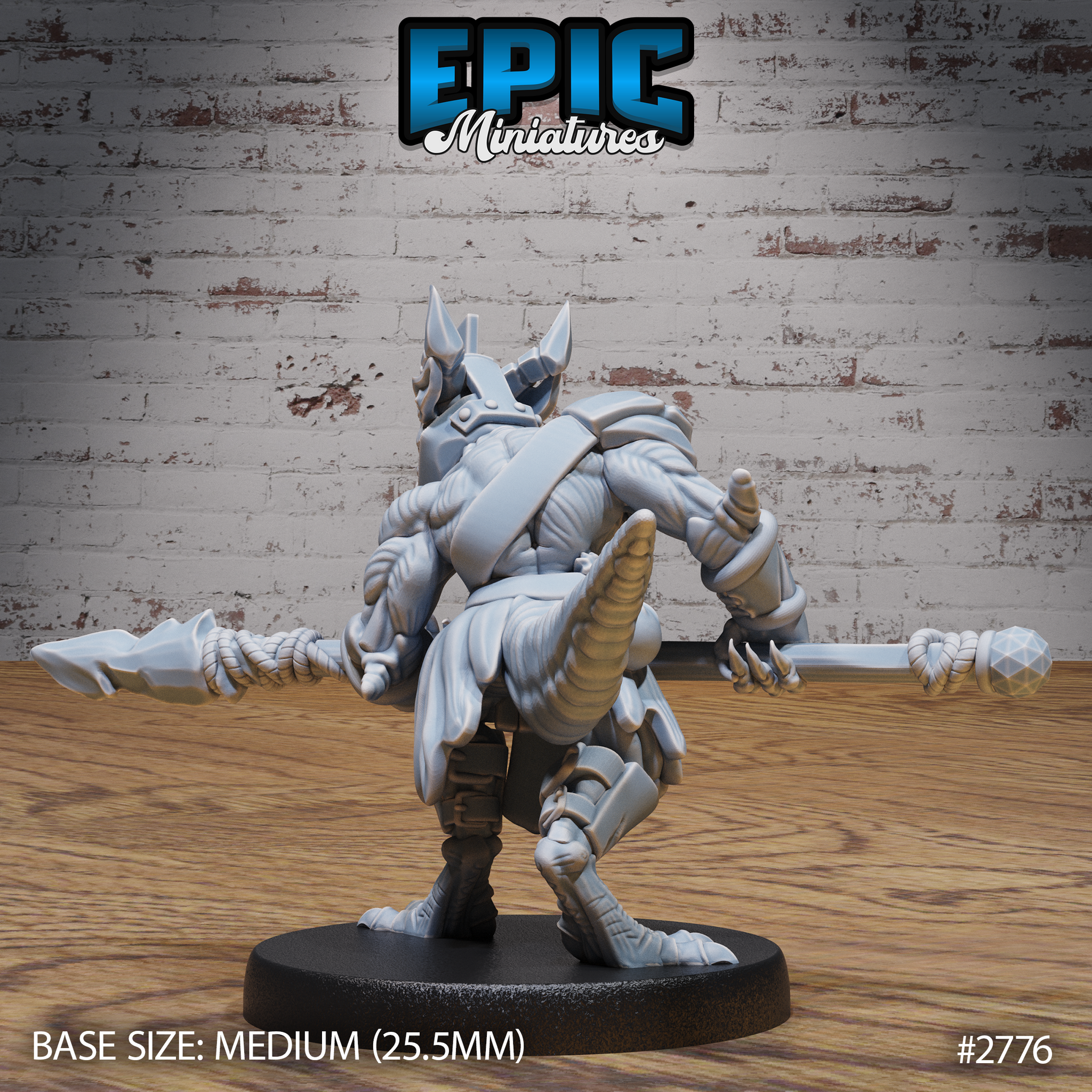 Kobold warrior viewed from behind, crouched low with spear extended to each side, showing layered back armour, scaled tail, and clawed feet on a plain round base. Sculpt by Epic Miniatures.