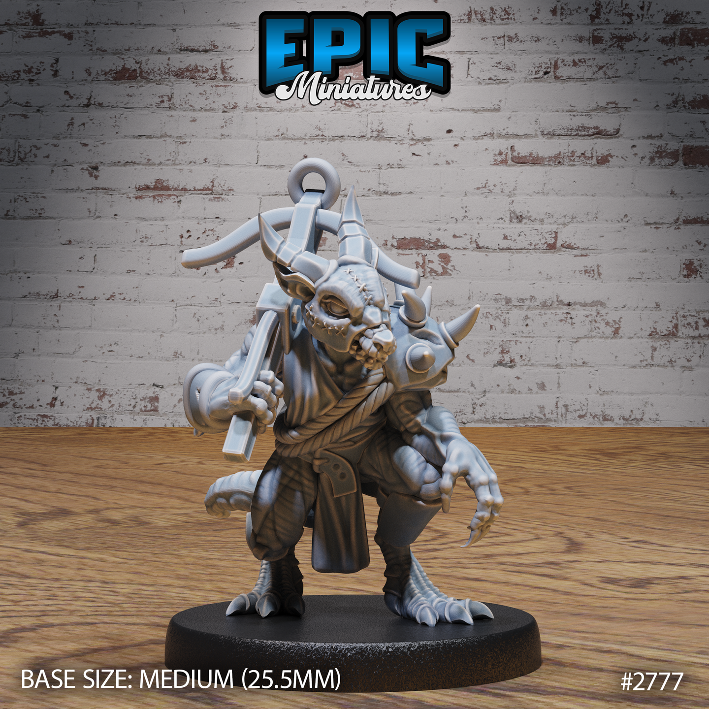 Scarred, horned kobold crouching with a crossbow raised in one clawed hand, wearing rope-bound cloth wraps, with an anchor-hook and quiver strapped to its back. Sculpt by Epic Miniatures.