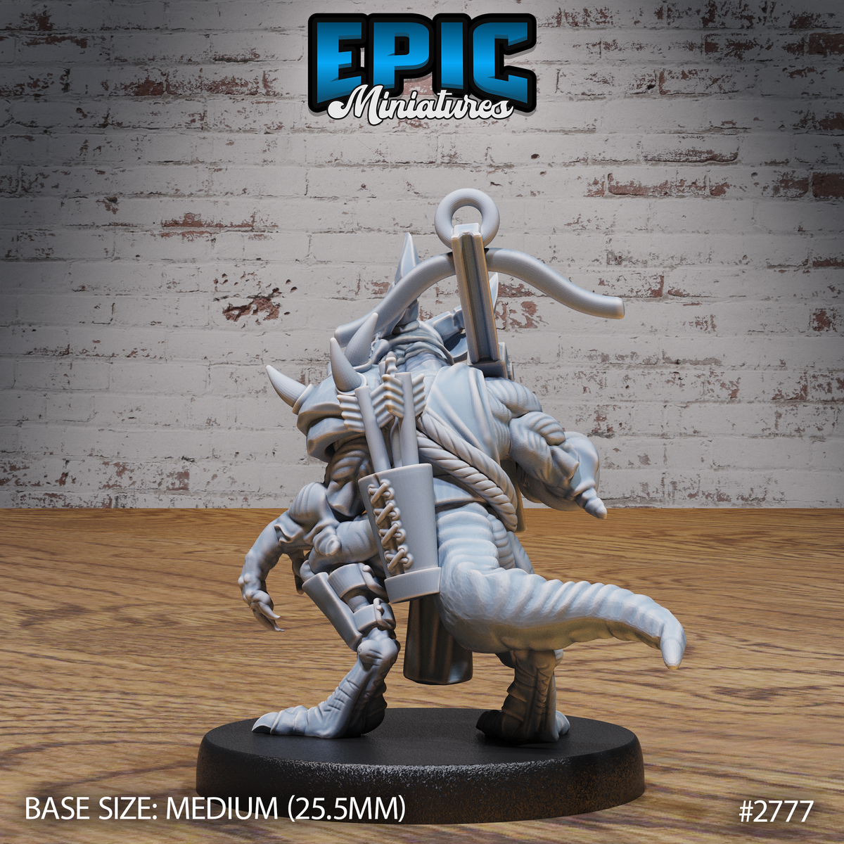 Horned kobold miniature seen from behind, showing a quiver of bolts, coiled rope, and a large anchor-hook across its back, with a thick scaled tail sweeping out to one side. Sculpt by Epic Miniatures.