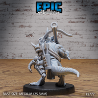 Horned kobold miniature seen from behind, showing a quiver of bolts, coiled rope, and a large anchor-hook across its back, with a thick scaled tail sweeping out to one side. Sculpt by Epic Miniatures.