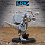 Kobold Gravekeeper by Epic Miniatures viewed from behind, showing the bone-filled wooden crate on his back in detail, holding an ornate lantern staff, stitched cloak draped over scaled body, heavy ridged tail extending outward.
