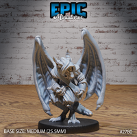 Winged kobold miniature crouching forward with broad bat-like wings spread wide, hooded head with sharp features, clawed feet, and banded armour wrappings. Sculpt by Epic Miniatures.