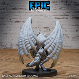 Winged kobold miniature seen from behind, showing the full ribbed membrane wing span, layered back armour, banded leg wrappings, and clawed taloned feet. Sculpt by Epic Miniatures.