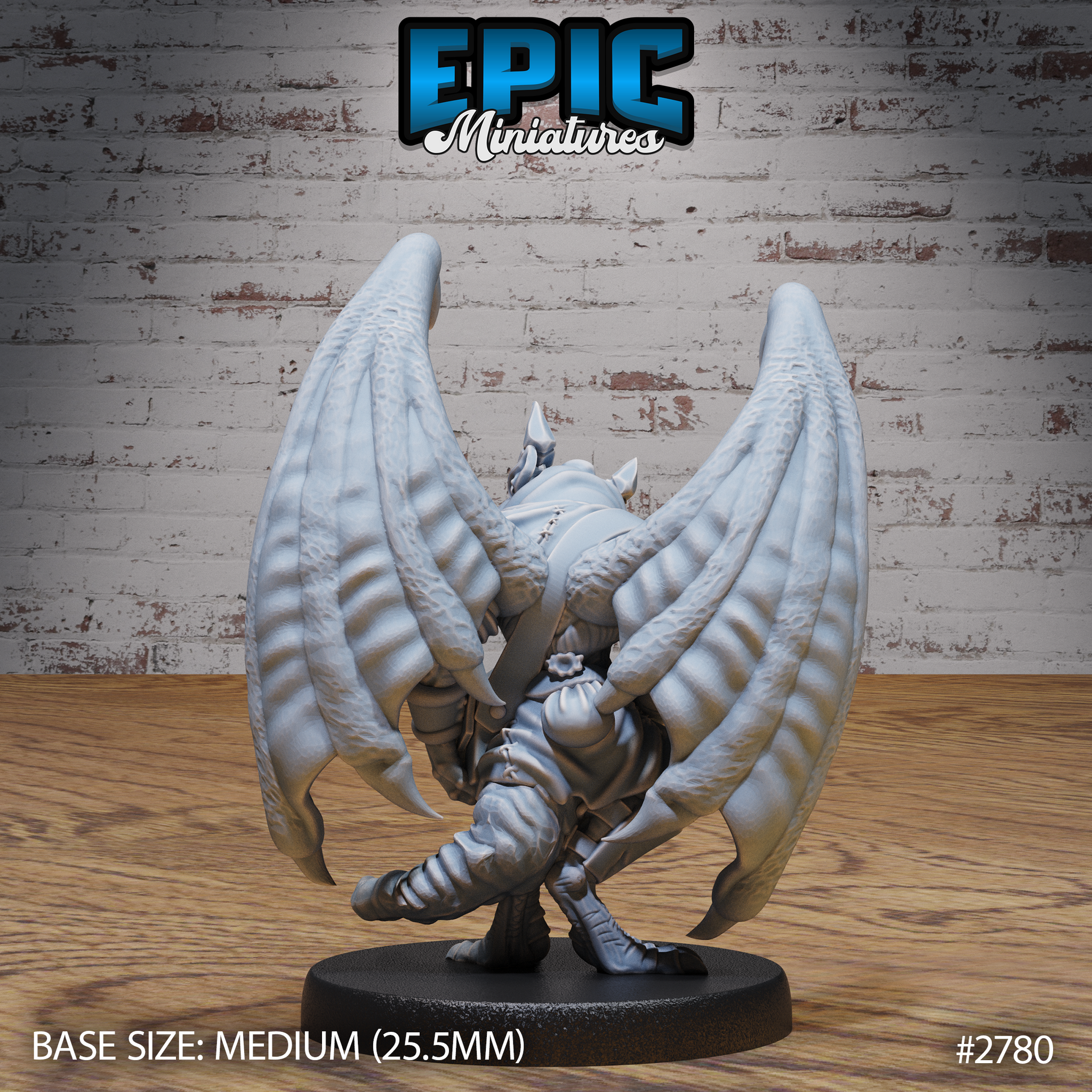 Winged kobold miniature seen from behind, showing the full ribbed membrane wing span, layered back armour, banded leg wrappings, and clawed taloned feet. Sculpt by Epic Miniatures.