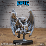 Winged kobold miniature crouching forward with a rope-bound bone club gripped across its chest, jaws wide open in a snarl, bat-like wings spread behind it. Sculpt by Epic Miniatures.