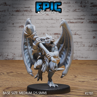 Winged kobold miniature crouching forward with a rope-bound bone club gripped across its chest, jaws wide open in a snarl, bat-like wings spread behind it. Sculpt by Epic Miniatures.