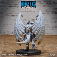 Winged kobold miniature seen from behind with broad leathery wings fully extended and a scaled muscular tail curving downward, taloned feet planted on a round base. Sculpt by Epic Miniatures.