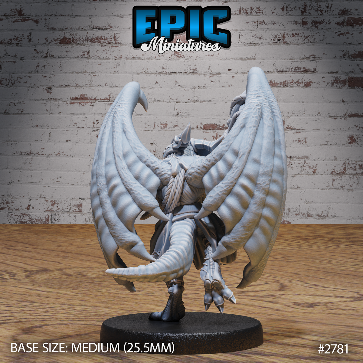 Winged kobold miniature seen from behind with broad leathery wings fully extended and a scaled muscular tail curving downward, taloned feet planted on a round base. Sculpt by Epic Miniatures.