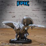 Winged kobold warrior gripping a long spear horizontally in both hands, wings half-spread, wearing scaled hide armour with a beaded chest adornment and a low, aggressive stance. Sculpt by Epic Miniatures.